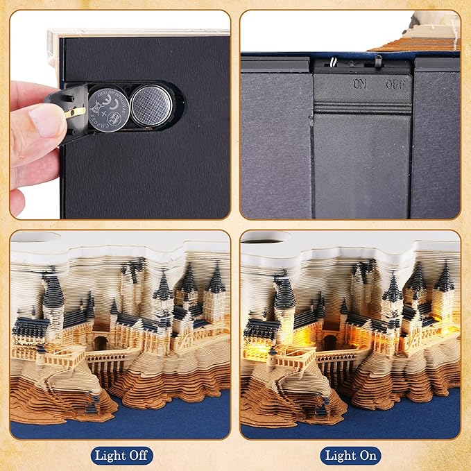 3D Time Piece Calendar 2026, Art Calendar Memo Pad 2026 Mini Desk Magic Castle with Lights, 3D Sticky Note Desktop Tear Off Gift for Christmas Office Decoration