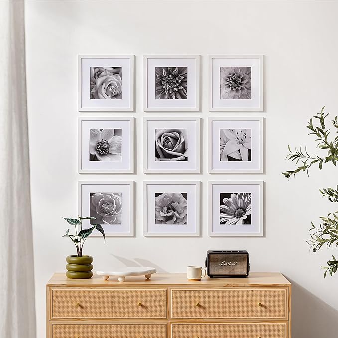 eletecpro 12x12 Picture Frames Set of 9 with Mat for 8x8 Photos or without Mat for 12x12, Square Gallery Wall Decor Collage for Picture Display, White Frame Set for Wall Hanging
