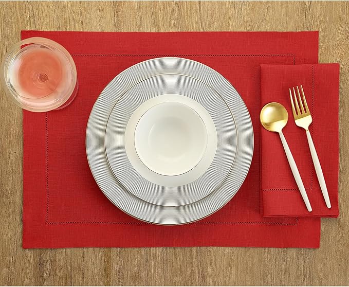 Solino Home Red Linen Napkins Set of 6-100% Pure Linen Hemstitch Dinner Napkins 20 x 20 Inch for Valentines, Winter - Classic Hemstitch
