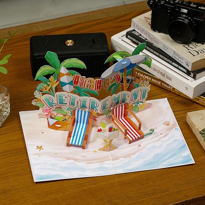 Greeting Card Retirement Paper 3D Pop-Up Cards Handmade Birthday Beach Gift for Women, Mom, Wife, Men Large Size Aniversary Wedding Christmas Gifts Coconut Trees