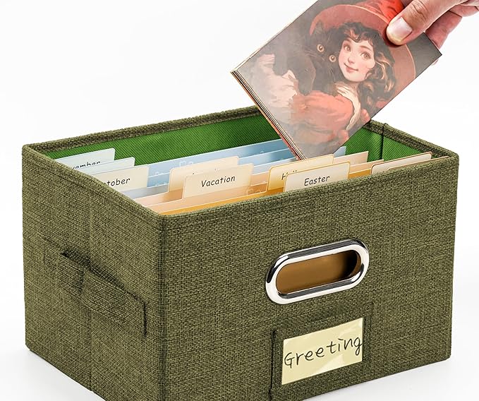 Greeting Card Organizer and Storage Box with 40 Pcs Adjustable Dividers, Storing Cards with 168 Pcs Labels Perfect for Storing Greeting Cards, Envelopes, Photos 2 Pack Olive Green
