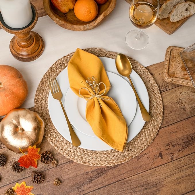 Blue Needles Solid Cloth Napkins Set of 12 Golden Yellow 100% Cotton Dinner Napkins 18x18 inches - Soft, Reusable, Absorbent & Washable Fall Thanksgiving Linen Ideal for Events, Parties & Everyday Use