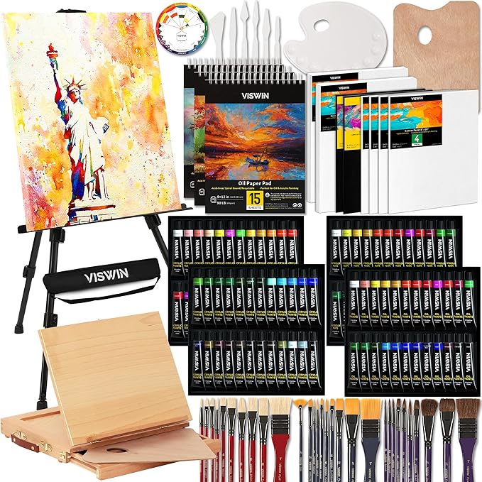 VISWIN 187Pcs All-in-One Art Painting Kit with Aluminum & Beech Wood Easel, 96 Acrylic, Watercolor & Oil Paint Set, Canvases, Painting Set with Complete Art Supplies for Adults, Artists, Beginners