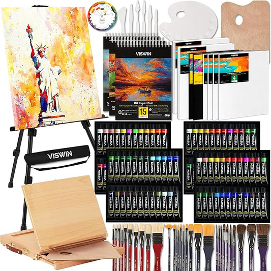 VISWIN 187Pcs All-in-One Art Painting Kit with Aluminum & Beech Wood Easel, 96 Acrylic, Watercolor & Oil Paint Set, Canvases, Painting Set with Complete Art Supplies for Adults, Artists, Beginners