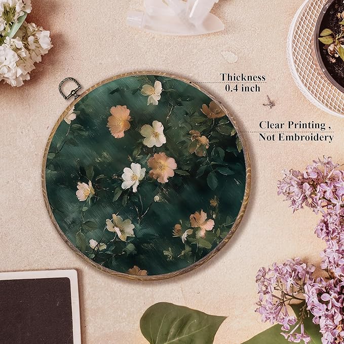 FUGWN Vintage Moody Wildflower Round Wall Art Decor Framed, Dark Cottagecore Flower Botanical Canvas Artwork Prints, Green Retro Floral Wall Hanging Decorations for Home Bedroom Room, 10x10 Inch