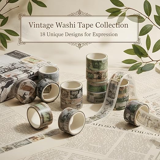 Washi Tape Set, 18 Rolls Washi Stickers, Assorted Sizes, for Junk Journal Scrapbook Tape, Bullet Journaling Scrapbooking Supplies, Planner Sticker DIY Craft DéCor (Newspaper)