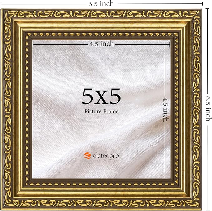 eletecpro 5x5 Picture Frames Set of 4, Vintage Gold Photo Frames with Glass, Display 5x5 Photo for Tabletop or Wall Decor, Gold