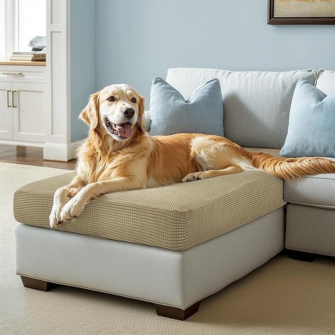 CHUN YI Stretch Sectional Couch Covers 1 Piece Chaise Lounge Slipcover L Shape Separate Cushion, Chaise Couch Cover for Both Left/Right Sectional Couch (Chaise Cover, Khaki)