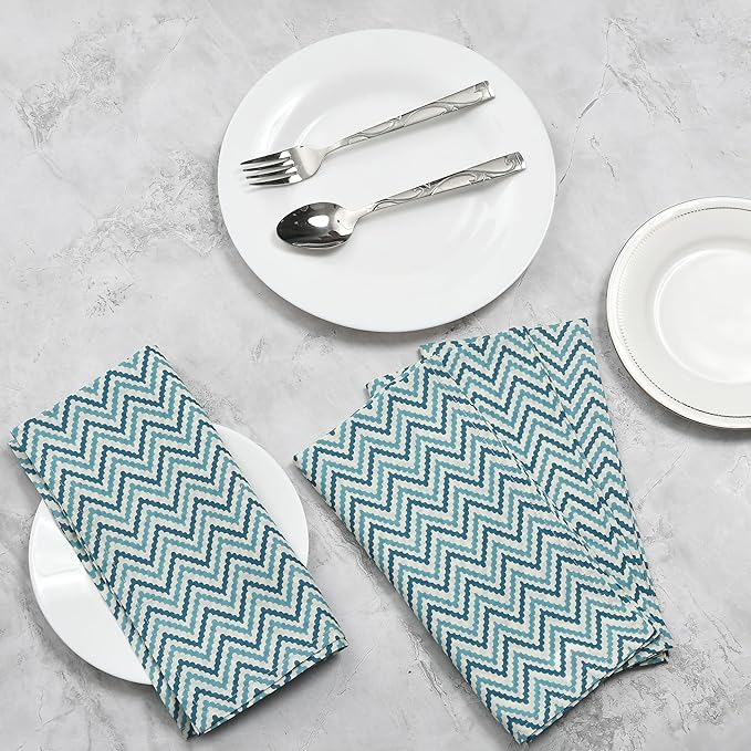 CPC Cloth Napkins 100% Cotton Set of 4 Reusable Napkins, Indian Block Print Toile Floral Dinner Napkin, Fall Thanksgiving Christmas Holiday Party Gift - Soft Absorbent Napkin, 18"x18" Sea Blue