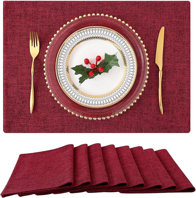 homing Cotton Linen Placemats Set of 8, Cloth Washable Farmhouse Dining Table Mats for Indoors & Outdoors, Easy to Clean, Red, 13 x 19 Inch