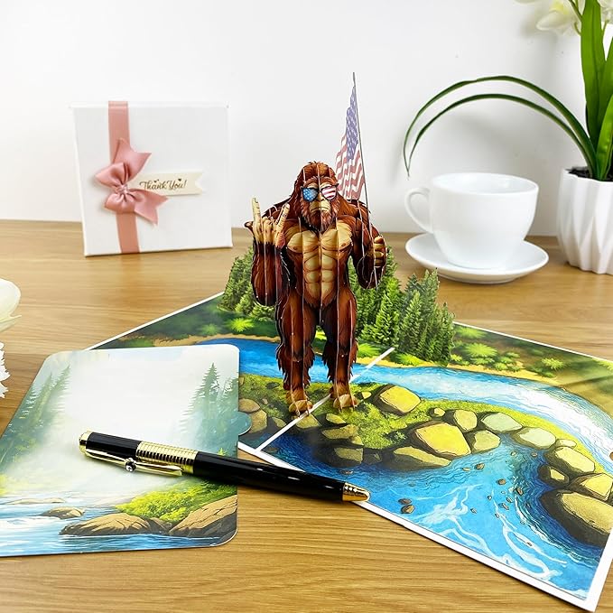 3D Pop Up Greeting Card – Funny Bigfoot Sasquatch Card with American Flag – Hilarious Birthday, Father’s Day, Retirement, or Gag Gift – Unique Handmade Novelty Card with Envelope