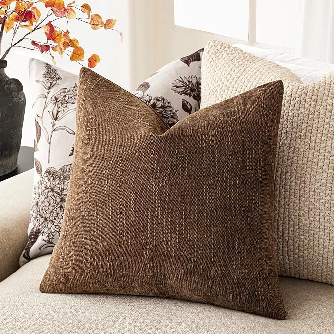Foindtower Set of 2 Soft Textured Chenille Throw Decorative Pillow Covers Square Accent Solid Cushion Cover Cozy Neutral Farmhouse Pillow Case for Couch Sofa Bedroom Living Room 22x22 Inch,Dark Bronze