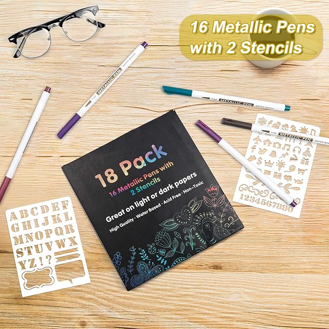 18 Pack Metallic Marker Pens, Lineon 16 Colors Fine Tip Paint Pens with 2 Stencils for DIY Craft Photo Album Rock Art Painting Card Making Glass Wood