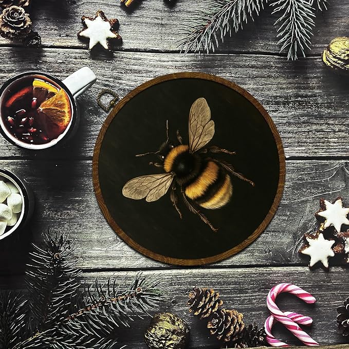 KLYTINK Vintage Bee Round Wall Art,Botanical Insect Canvas Print with Frame, Bee Dark Floral Naturalist Decor for Kitchen, Study, or Bedroom 10''x10'' (bee-01)