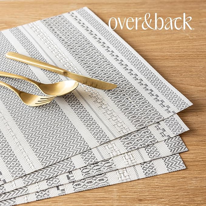 Over&Back Set of 4 Reversible Woven Placemats - Colorful Dining Room Table Mat - UVA/UVB-Proof Polypropylene - Indoor and Outdoor Kitchen and Home Decor - Striped - Grey - Rectangle