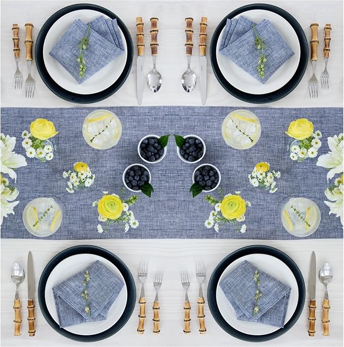 Solino Home Linen Small Table Runner 36 Inches - Athena, 100% Pure Linen Chambray Indigo Table Runner 14 x 36 Inch Ideal for Dresser and Coffee Tables - Winter, Spring, Easter