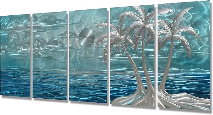 BATRENDY ARTS Modern Beach Metal Wall Art Decor 3D Silver Coconut Palm on the Shores of Hawaii Blue Coast Hanging Sculptures Outdoor or Indoor Tree Decorations