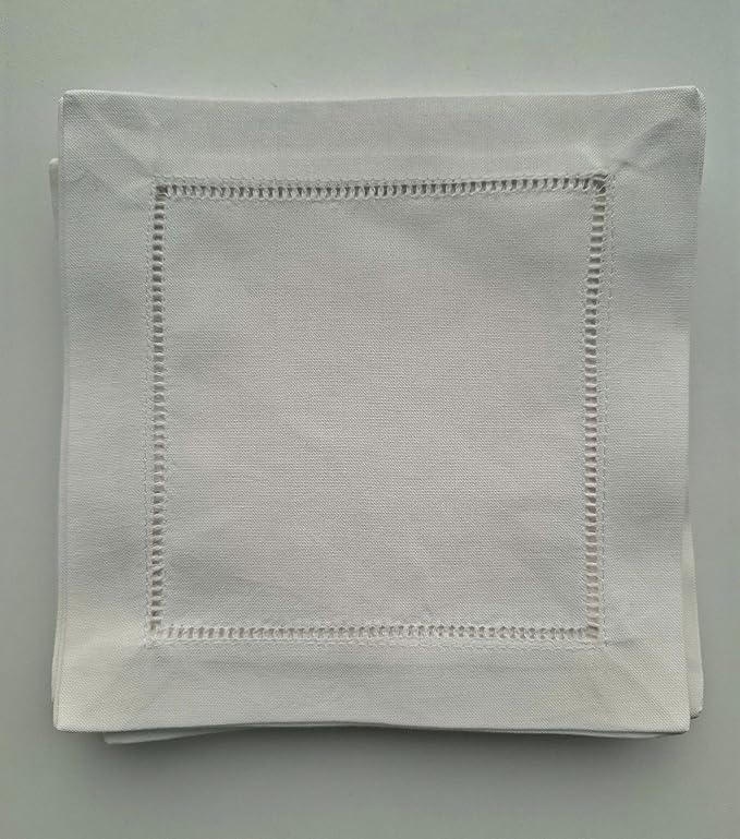 Cocktail Napkins Linen 6"X6" Set Of 50, Linen Blend Cocktail Napkin, Cloth Napkin Coasters Ladder Hemstitch Beverage Party, White Cocktail Napkins Beverage Party Napkin Super Value Bulk 50 Pack