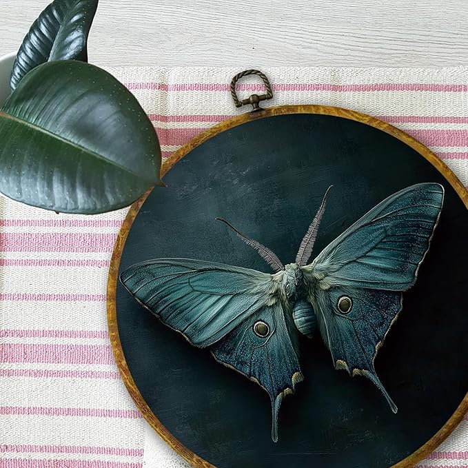 Mcehtle Vintage Butterfly Wall Art Decor, Dark Moody Cottagecore Moth Framed Canvas Prints 10x10, Neutral Farmhouse Round Wall Hanging Artwork Decorations for Home Bedroom Living Room