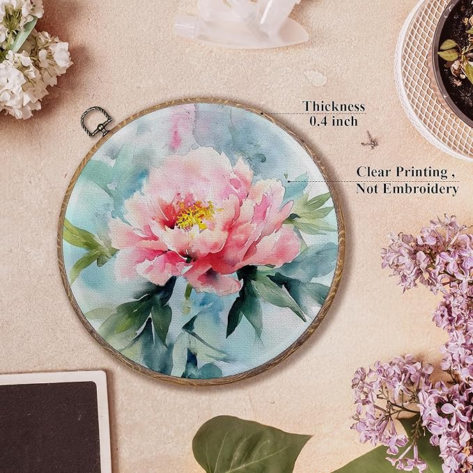 FUGWN Vintage Pink Watercolor Peony Round Wall Art Decor Framed, Floral Canvas Artwork Prints, Watercolor Flower Botanical Wall Hanging Decorations for Home Bedroom Living Room, 10x10 Inch