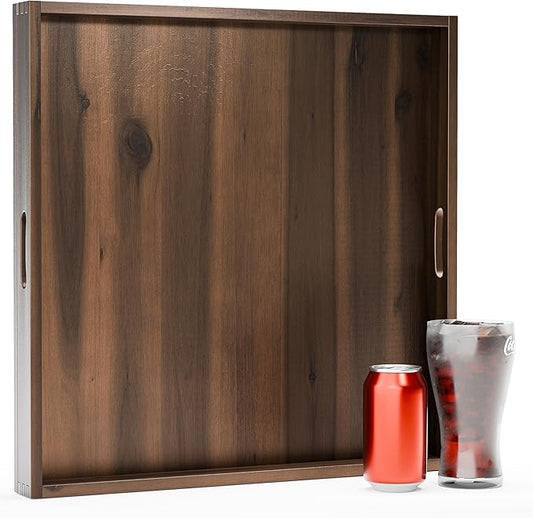 20 Inch Acacia Wood Square Ottoman Tray - Wooden Square Serving Tray with Handles - Extra Large Food Serving Trays for Decorative, Coffee Table, Breakfast in Beds (Walnut Color)