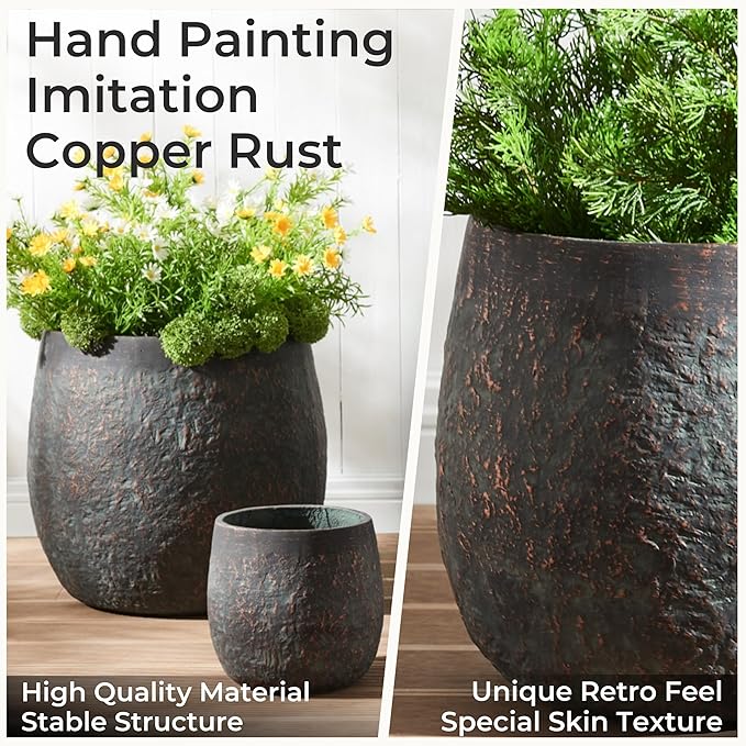 Wallowa Large Outdoor Planter, 17.32"+12.99"+9.06" Dia Round Weathered Concrete Planter Set of 3, Flower Pots with Drainage Holes, Sealing Plug for Garden, Patio, Home, Office, Greenish Bronze Rust