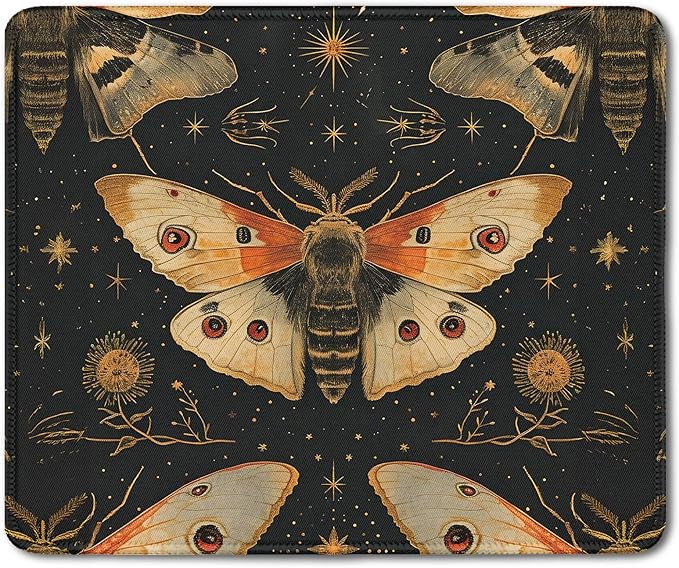 Vintage Moody Moth Pattern Mouse Pad, Dark Contemporary Botanical Symmetrical Moth Mousepad for Desk Home Office Dorm Computers Laptop, Gothic Aesthetic Desk Accessories, 9.5x7.9 Inch
