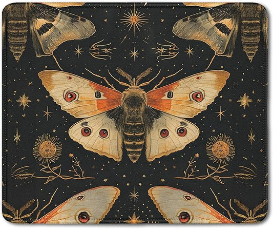 Vintage Moody Moth Pattern Mouse Pad, Dark Contemporary Botanical Symmetrical Moth Mousepad for Desk Home Office Dorm Computers Laptop, Gothic Aesthetic Desk Accessories, 9.5x7.9 Inch