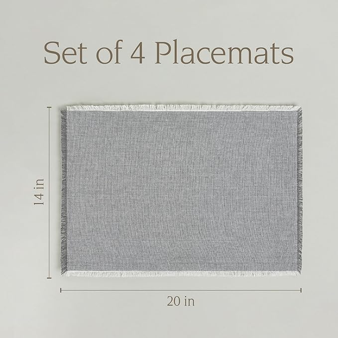 Over&Back Set of 4 Woven Frayed Chambray Placemats - Colorful Dining Table Mat - Hand-Finished Frayed Edges - 100% Cotton - Machine Washable - Kitchen and Home Decor - Grey - 14" L X 20" W