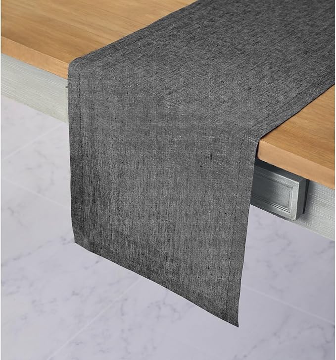 Solino Home Linen Charcoal Grey Table Runner 156 Inches Long - Athena, 100% Pure Linen 14 x 156 Inch Table Runner for Winter, Spring