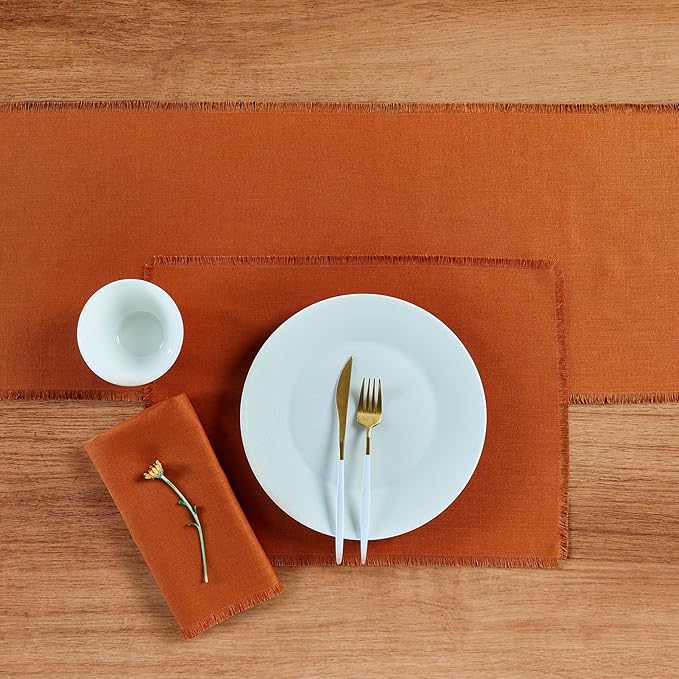 Solino Home Fringe Linen Placemats Set of 4-14 x 19 Inch Placemats Cinnamon - 100% Pure Linen Table Mats - Handcrafted and Machine Washable