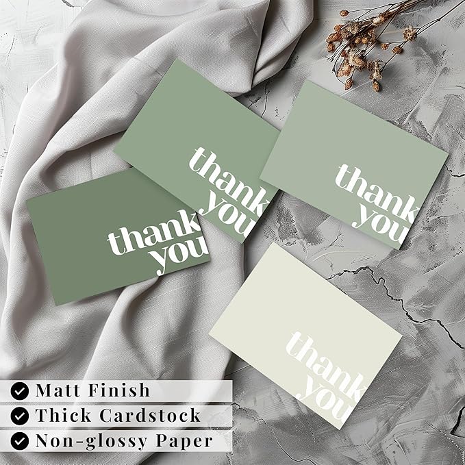 Paper Play Thank You Cards Bulk Pack of 40 Green, 5x3.5 Inches with Matching Stickers & Envelopes, Minimalistic Design Suitable for Business, Baby Shower, Wedding, Small Business, Graduation, Funeral