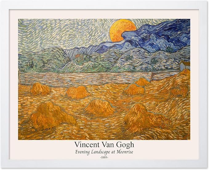 Monem Art Vintage Van Gogh Poster - Retro Evening Landscape at Moonrise Print - Impressionism Art - Fine Art - Classic Painting Art - Aesthetic Living Room Wall Decor - 8x10 White Framed