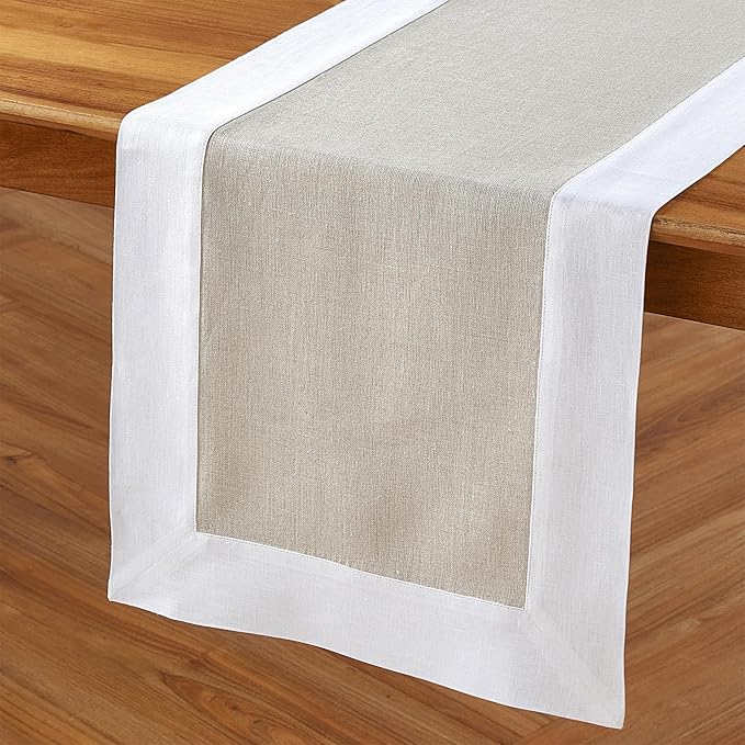 Solino Home Linen Table Runner 90 Inches Long - White and Natural 100% Pure Linen 14 x 90 Inch Table Runner for Dining, Spring, Winter - Contempo