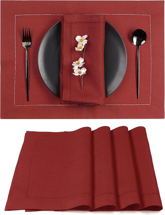 D'Moksha Homes Red Linen Placemats Set of 4 - Classic Hemstitch Placemats 14 x 19 Inch - 100% Pure Linen Table Mats for Valentines, Spring - Handcrafted and Machine Washable
