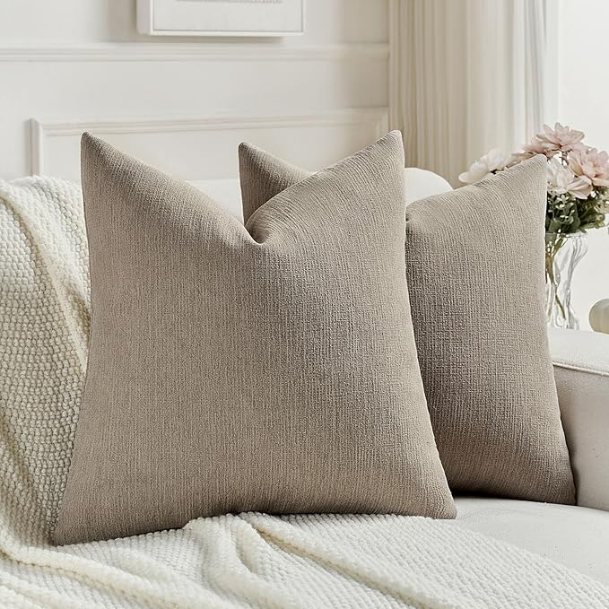 FUTEI Coffee Chenille Decorative Throw Pillow Covers 26x26 Inch Set of 2,Soft Cozy Faux Linen Textured Euro Pillow Shams,Farmhouse Home Decor for Couch Living Room