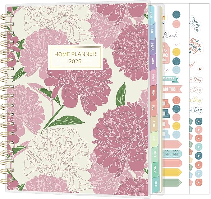 SUNEE Home Planner 2026, Work from Home Planner w/Stickers, JAN 2026 - DEC 2026, Daily Checklist, Monthly Budget Worksheet, Monthly Calendar, To-Do Lists, Ideal for gift, Poly Laminated Cover, Peony