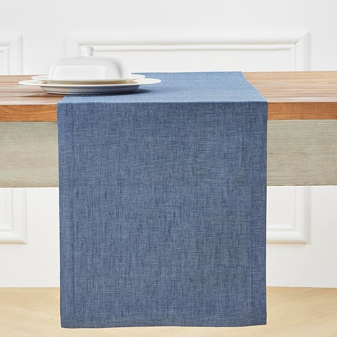 Solino Home Linen Table Runner 132 Inches Long - Athena, 100% Pure Linen Blue Denim Dining Table Runner 14 x 132 Inch for Spring, Easter