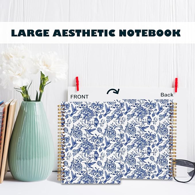 BearCake Chinoiserie Grandmillennial Notebook Journal, Blue Floral Aesthetic Notebook, Chinoiserie Journal, Blue Aesthetic Office Supplies, Notebooks for Work, Hardcover Spiral Notebook 5.5x8.3