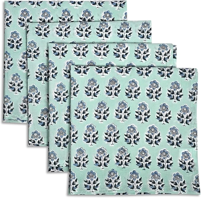 CPC Cloth Napkins 100% Cotton Set of 4 Reusable Napkins, Indian Block Print Toile Floral Dinner Napkin, Fall Thanksgiving Christmas Holiday Party Gift - Soft Absorbent Napkin, 18"x18" Poppy Blue
