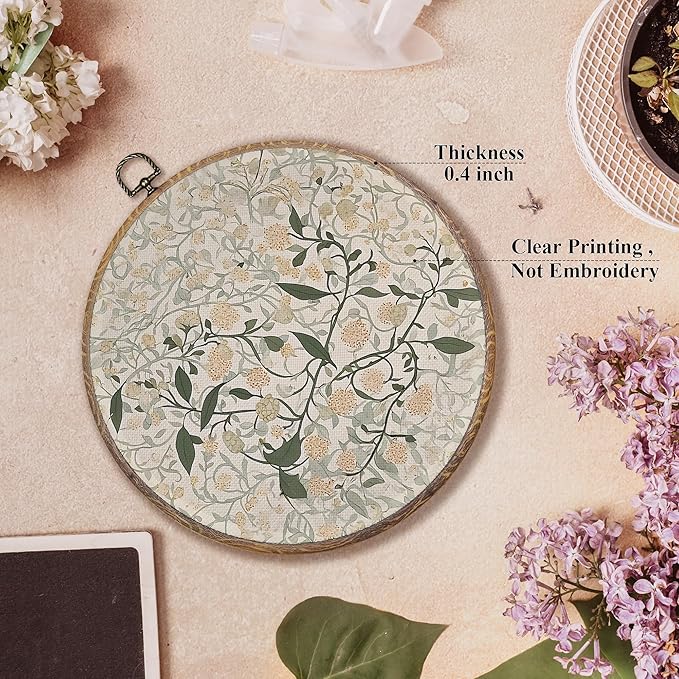 FUGWN Vintage Jasmine Floral Round Wall Art Decor Framed, William Morris Flower Botanical Canvas Artwork Prints, Retro Floral Wall Hanging Decorations for Home Bedroom Living Room, 10x10 Inch