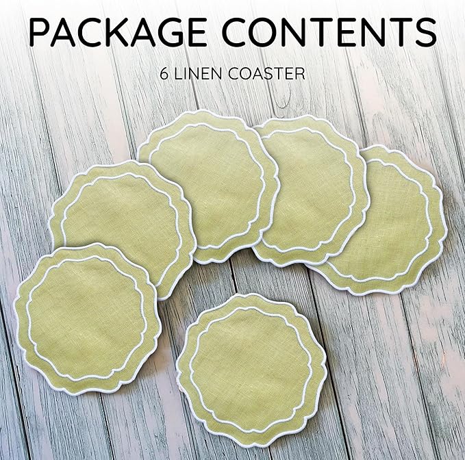 Drink Coasters Set of 6, 6x6 inch, Absorbent Linen Drink Mats with Scalloped Edge, Reusable Handmade Coffee Coasters for Home Decor & Tabletop Protection & Gift Giving (Oliver)