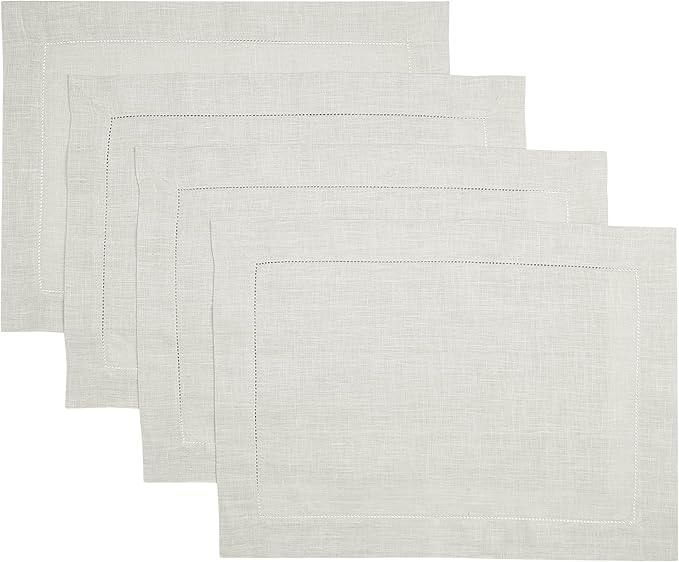 D'Moksha Homes Silver Grey Linen Cloth Placemats Set of 4-100% Pure Linen Hemstitch Placemats 14 x 19 Inch - Classic Hemstitch Table Place Mats for Spring, Easter - Handcrafted and Machine Washable