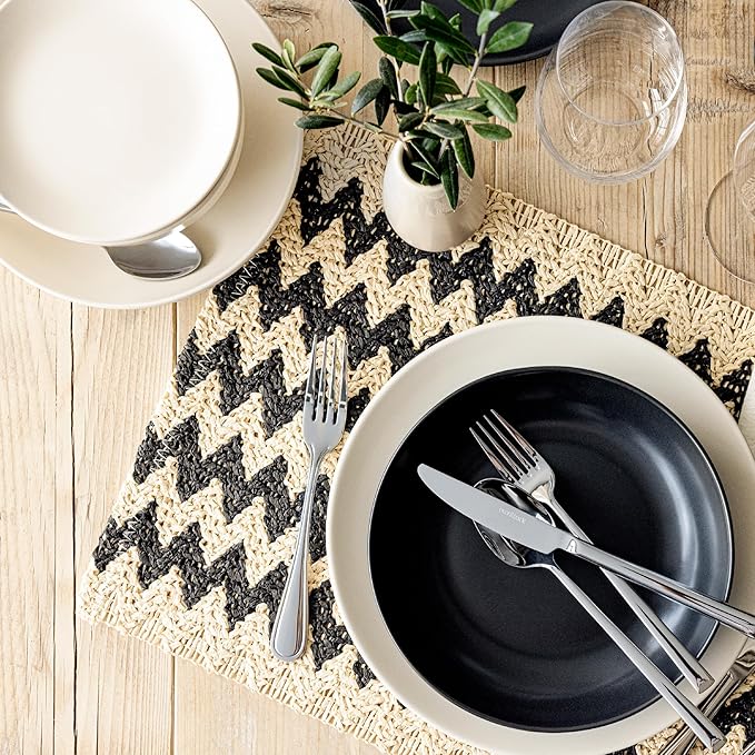 Over&Back Set of 4 Woven Fiber Placemats - Dining Table Mat - Made with Natural Paper Fibers - Kitchen and Home Decor - Chevron - Black