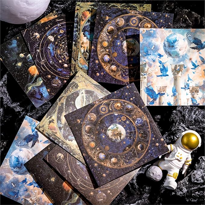 60 Sheets Fantasy Lunar Celestial Scrapbook Paper, Vintage Self-adhesive Moon Spaces Planets Scrapbook Decorative Paper for Journaling, Junk Journal, Art Supplies