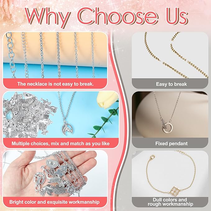 Meneng Necklace Jewelry Making Kit: 10 Rolls 78.7 Feet Silver Stainless Steel Chains for DIY Western Necklace Bracelet - Jewelry Making Supplies for Beginners