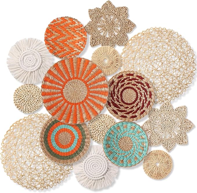 Anglechic 15 Pcs Boho Wall Basket Decor Woven Rattan Seagrass Wall Decor Hanging Rustic Farmhouse Western Art Decoration for Nursery Living Room Bedroom Home Kitchen(Orange Style)