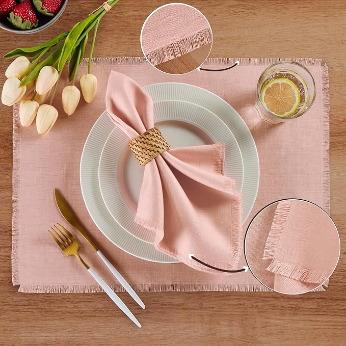 Solino Home Fringe Linen Placemats Set of 4 - Misty Pink Placemats 14 x 19 Inch - 100% Pure Linen Table Mats for Valentines, Spring, Easter