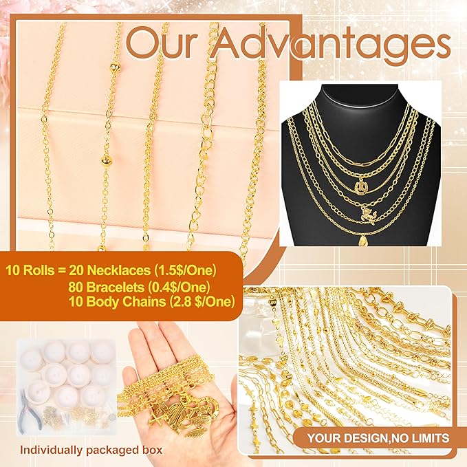 Meneng Necklace Jewelry Making Kit: 10 Rolls 78.7 Feet 18K Gold Plated Chains for DIY Western Necklace Bracelet - Jewelry Making Supplies for Beginners