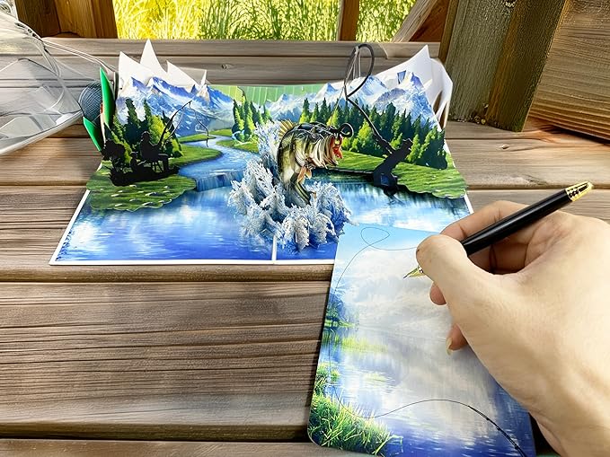 3D Pop Up Greeting Card – Handmade Fishing Card with Jumping Bass & Scenic Lake – Father’s Day, Birthday, Retirement, Outdoor Sportsman & Fisherman Gift